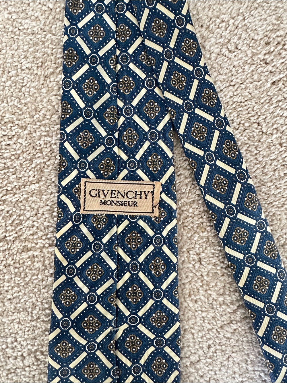 Vintage Givenchy Monsieur 100% Silk Tie Navy Blue Gold Geometric Made USA